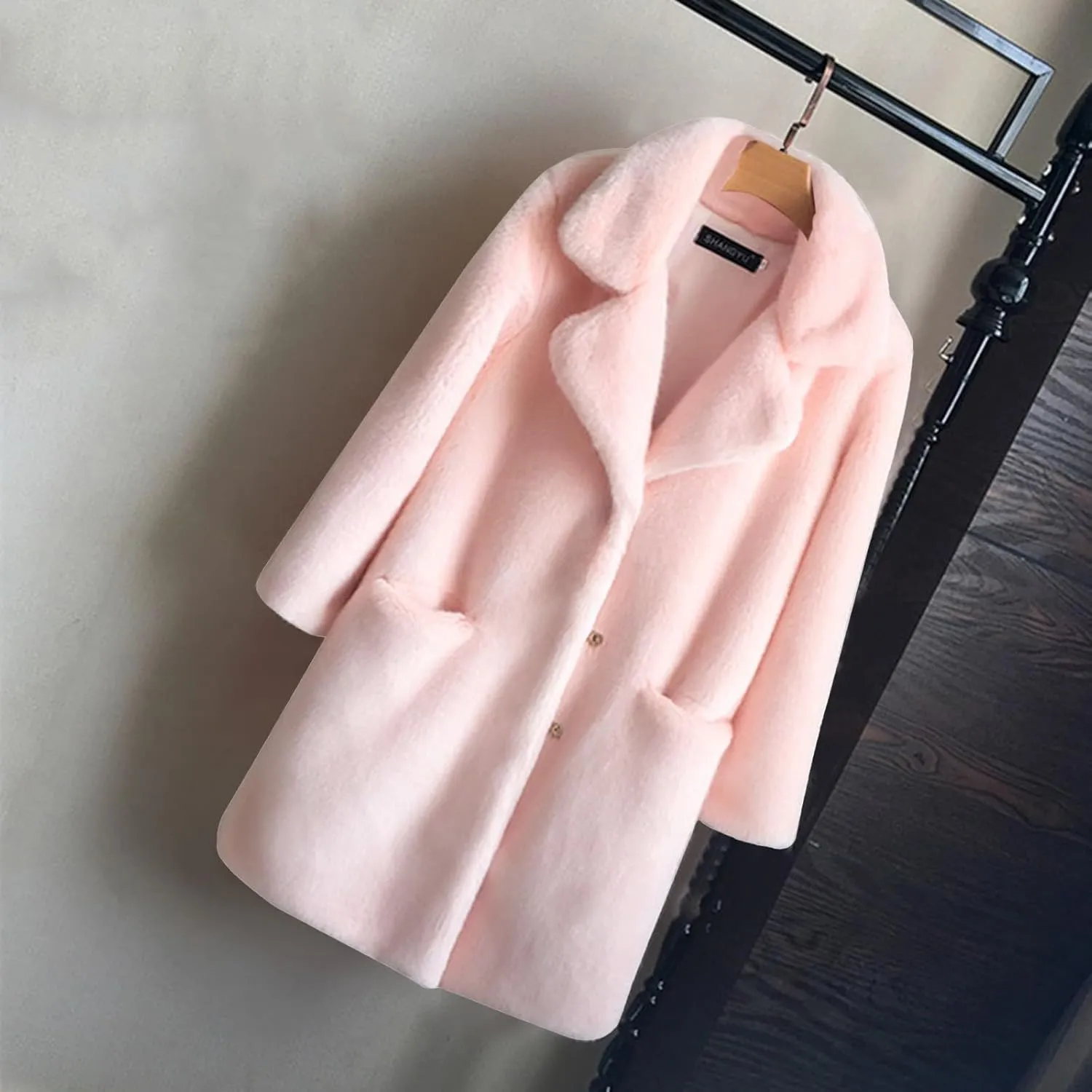 2023 Fuzzy Jackets Women Winter Long Sleeve Warm Button Down Trench Coat Soft Fleece Oversized Outwear with Pocket Overcoat
