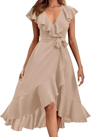 2025 Dresses for Women Summer Bohemian Wrap Midi Dress Sexy V Neck Wedding Guest Dress Ruffle Hem Split Beach Dresses