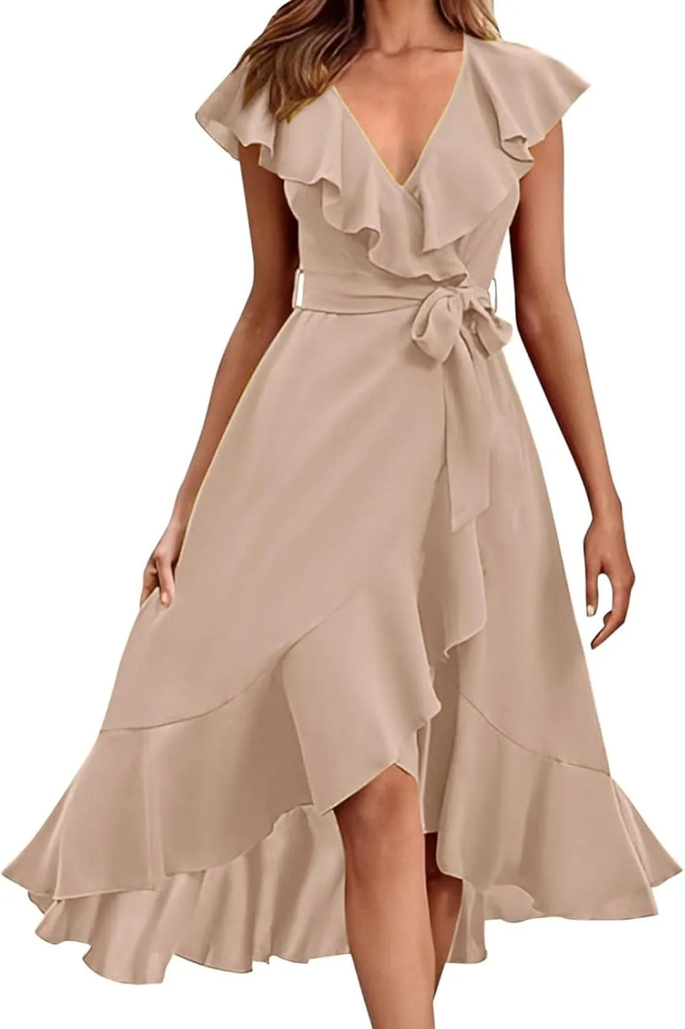 2025 Dresses for Women Summer Bohemian Wrap Midi Dress Sexy V Neck Wedding Guest Dress Ruffle Hem Split Beach Dresses