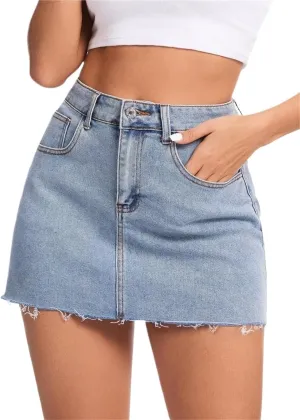 2025 Women's Mid-Rise Stretchy Denim Mini Skirt Button Front Raw Hem and Zip Fly Pencil Skirt for Casual Chic Style