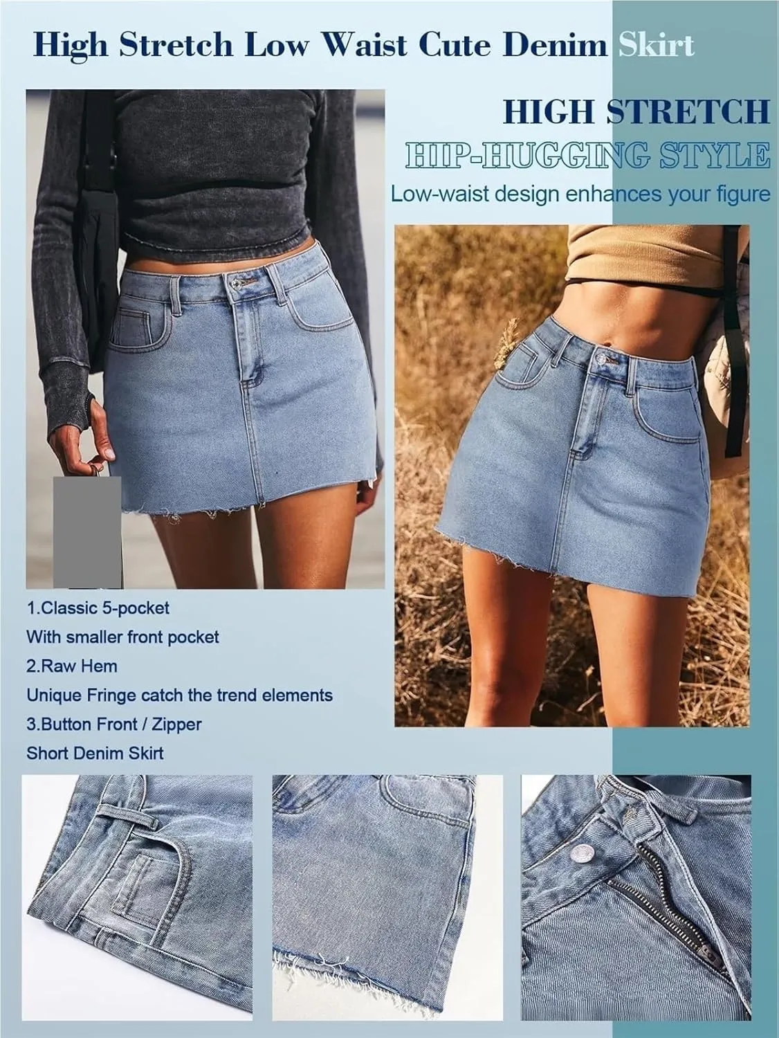 2025 Women's Mid-Rise Stretchy Denim Mini Skirt Button Front Raw Hem and Zip Fly Pencil Skirt for Casual Chic Style