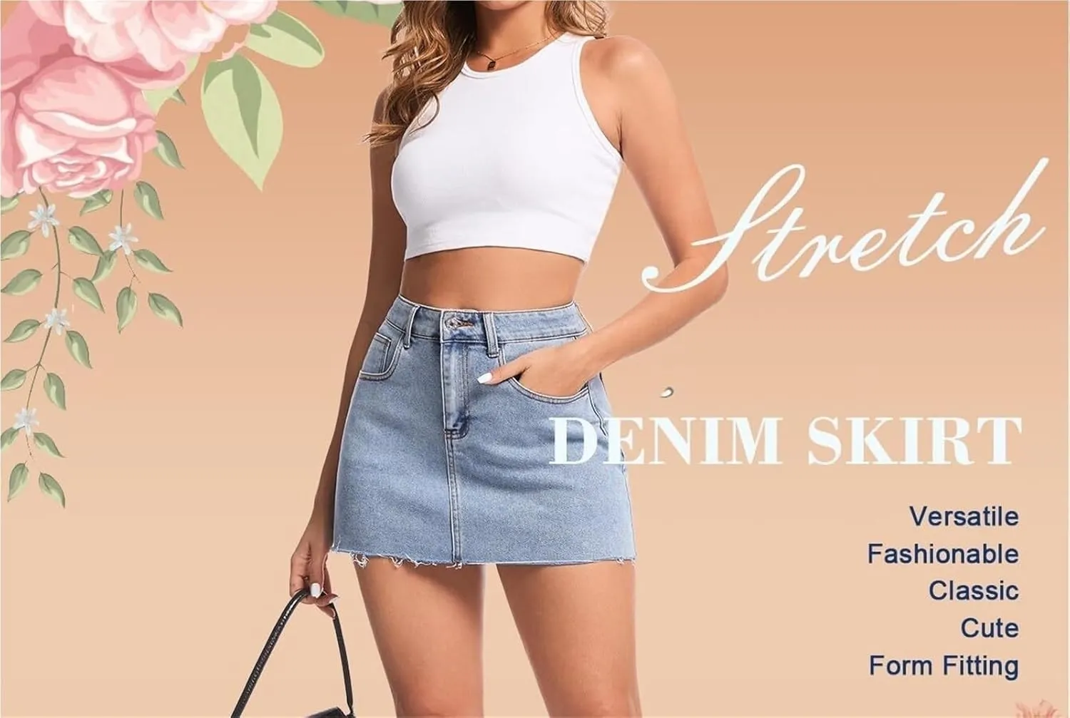 2025 Women's Mid-Rise Stretchy Denim Mini Skirt Button Front Raw Hem and Zip Fly Pencil Skirt for Casual Chic Style