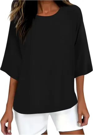 3/4 Sleeve Cotton Linen Tops for Women Plus Size Loose Fit Crew Neck Tee Shirts 2025 Summer Cute Solid Beach Tshirt