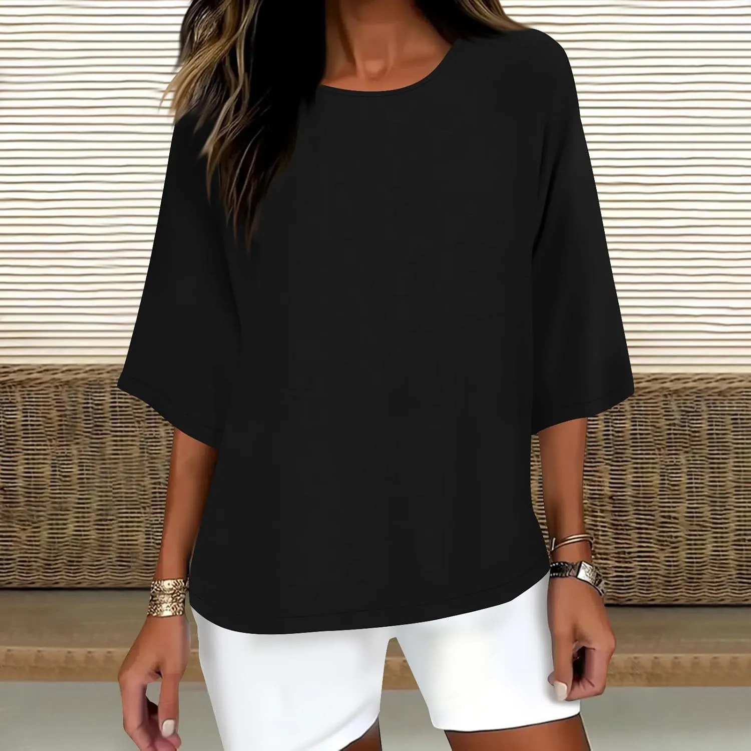 3/4 Sleeve Cotton Linen Tops for Women Plus Size Loose Fit Crew Neck Tee Shirts 2025 Summer Cute Solid Beach Tshirt