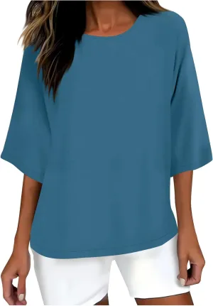 3/4 Sleeve Cotton Linen Tops for Women Plus Size Loose Fit Crew Neck Tee Shirts 2025 Summer Cute Solid Beach Tshirt