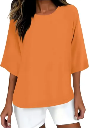 3/4 Sleeve Cotton Linen Tops for Women Plus Size Loose Fit Crew Neck Tee Shirts 2025 Summer Cute Solid Beach Tshirt