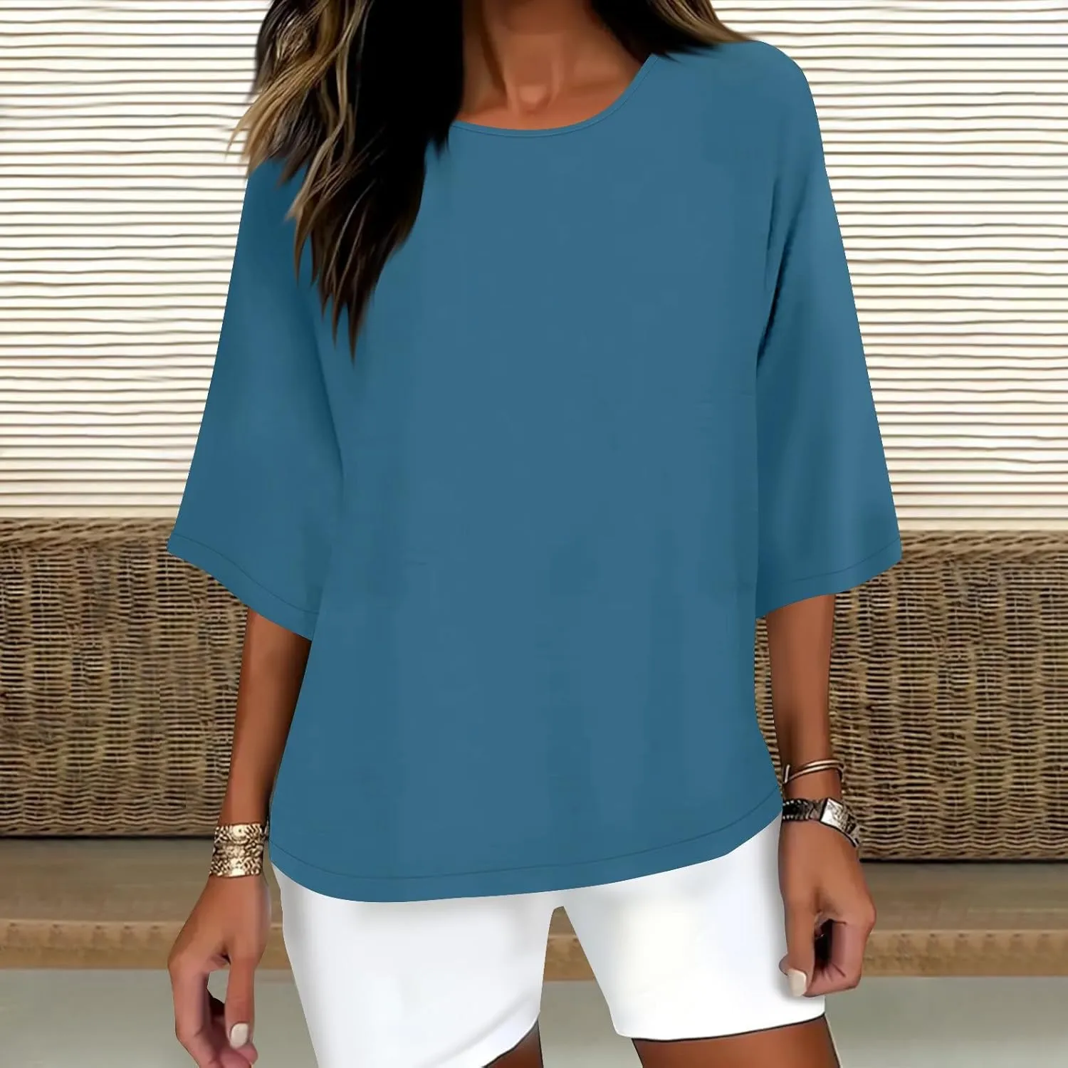 3/4 Sleeve Cotton Linen Tops for Women Plus Size Loose Fit Crew Neck Tee Shirts 2025 Summer Cute Solid Beach Tshirt