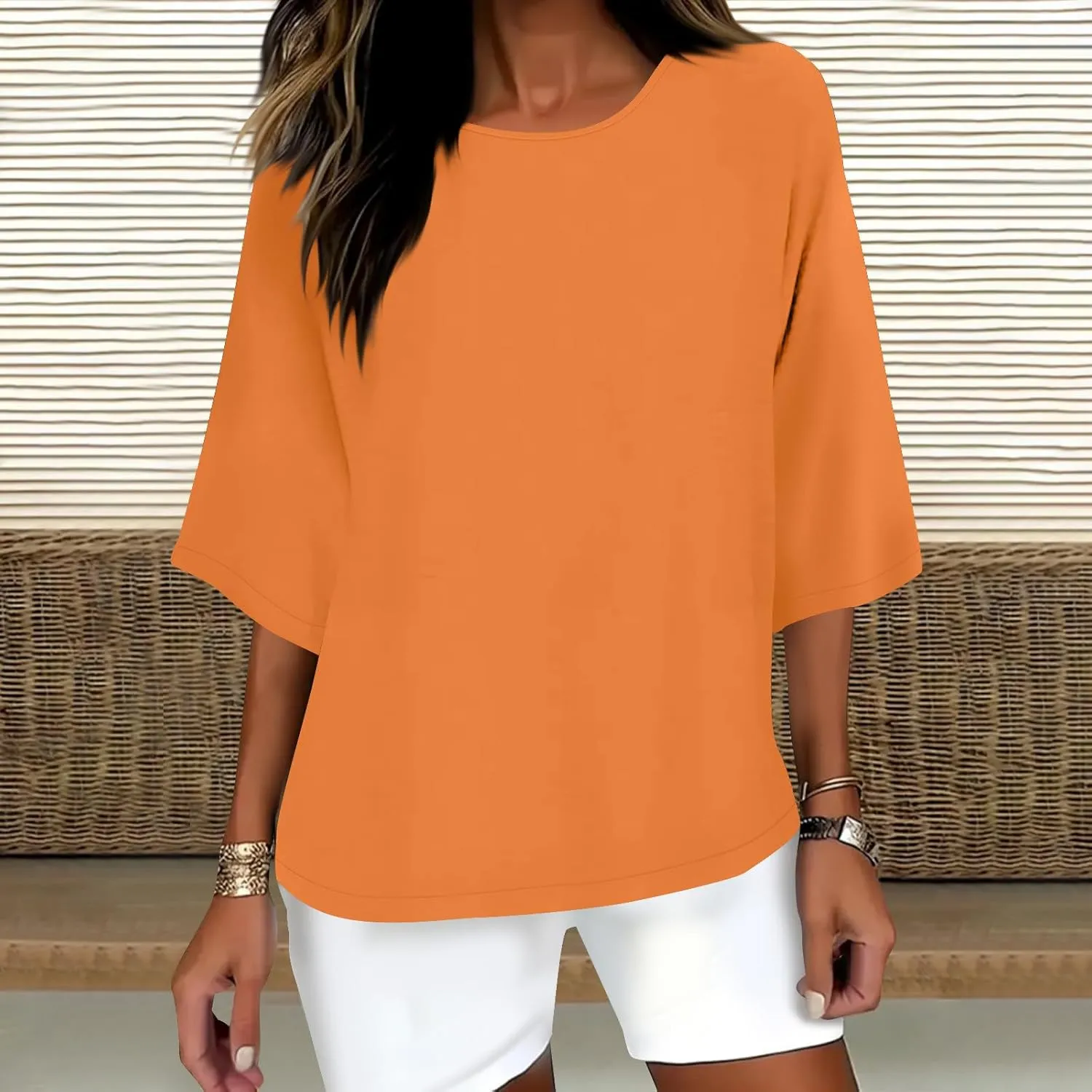 3/4 Sleeve Cotton Linen Tops for Women Plus Size Loose Fit Crew Neck Tee Shirts 2025 Summer Cute Solid Beach Tshirt