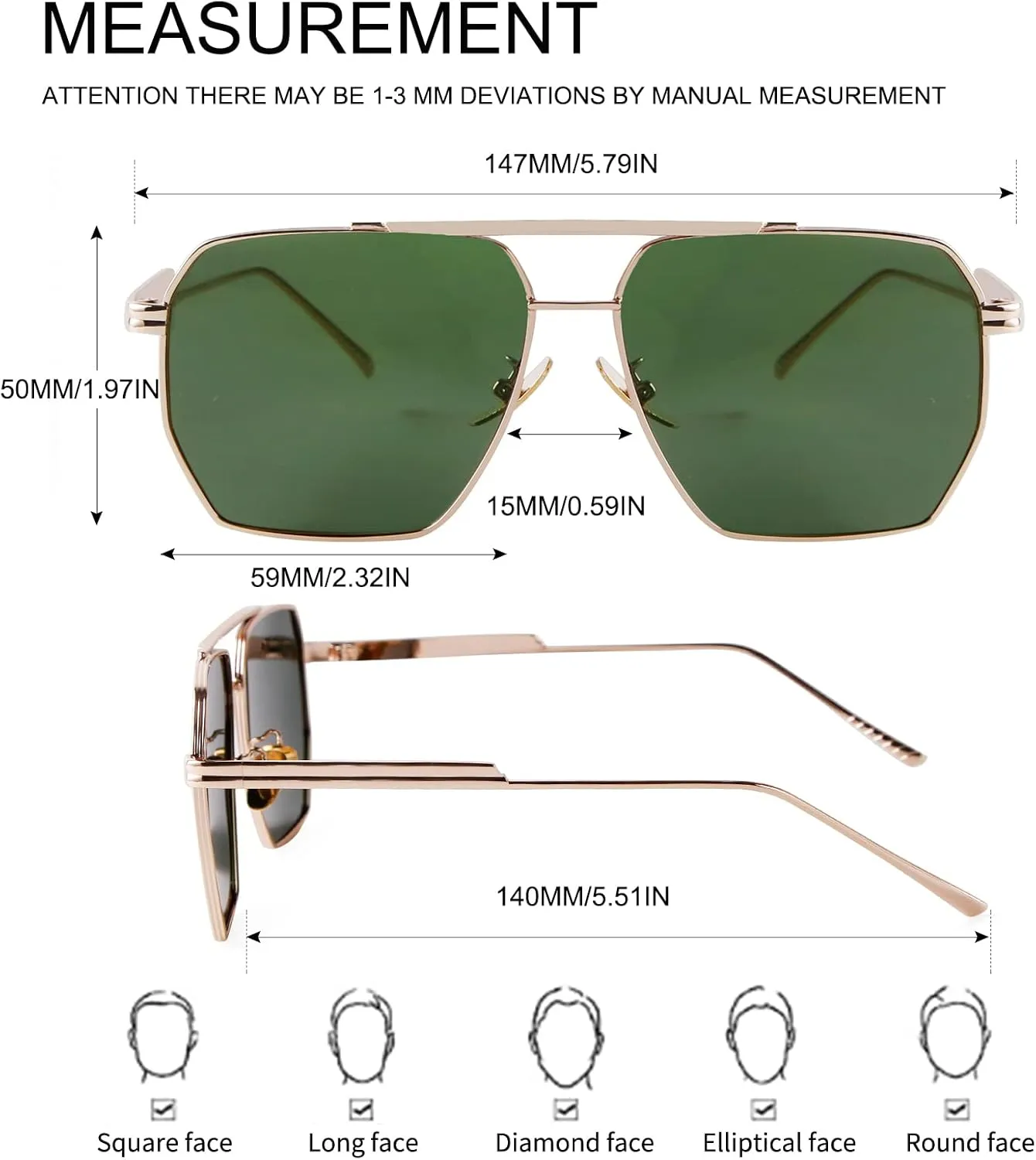 ADE WU Trendy Square Aviator Sunglasses for Women Men, Classic Polarized Oversized Aviators Sun Glasses