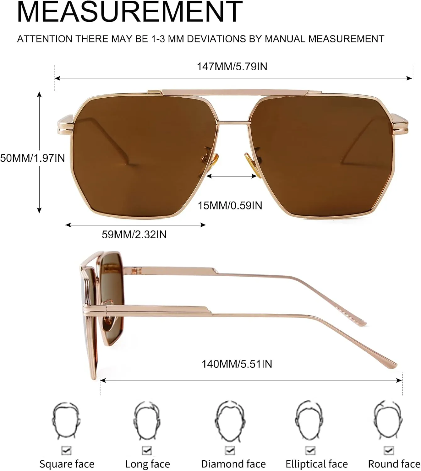 ADE WU Trendy Square Aviator Sunglasses for Women Men, Classic Polarized Oversized Aviators Sun Glasses