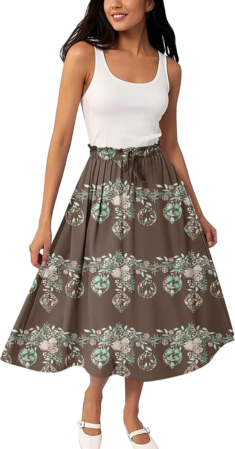 ADHOWBEW Long Skirts for Women Plus Size Casual Flowy A Line Ruffle Beach Midi Length Trendy Cute High Waisted Summer Skirts
