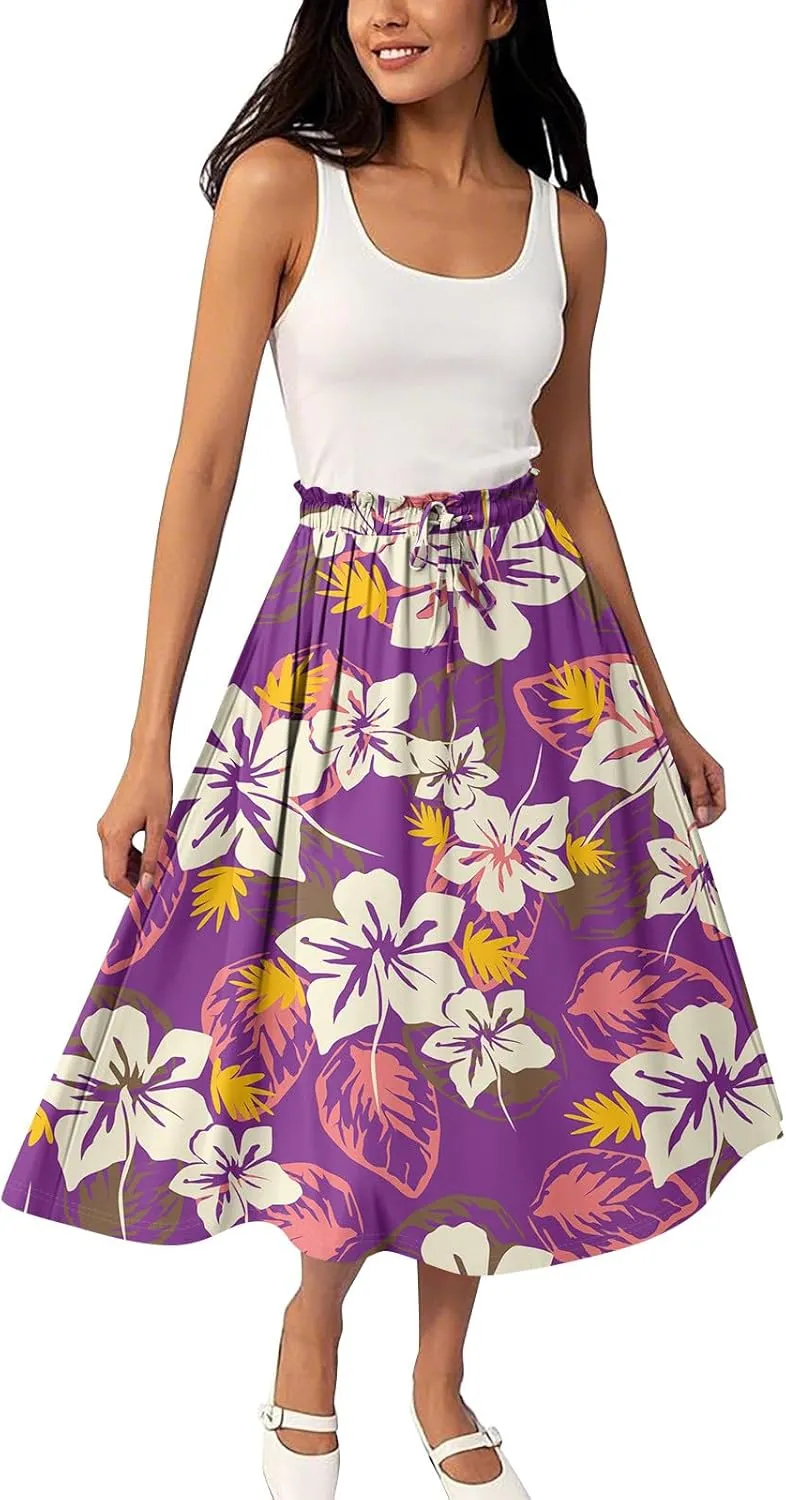 ADHOWBEW Pleated Skirts for Women Trendy Plus Size Flowy Beach Ruffle A Line Midi Length High Waisted Casual Summer Skirts