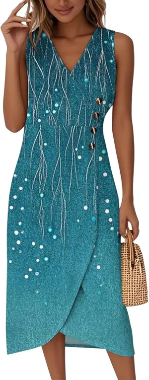 ADHOWBEW Spring Wedding Guest Dress Elegant V Neck Flowy Sexy Boho Trendy Party Sleeveless Beach Casual Button Dresses