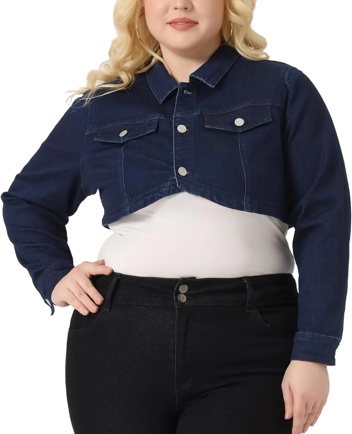 Agnes Orinda Plus Size Denim Jacket for Women Long Sleeve Washed Button Jean Crop Denim Jackets