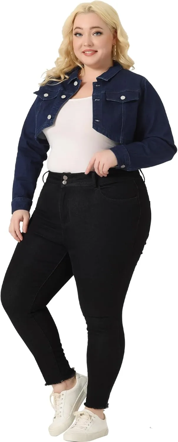 Agnes Orinda Plus Size Denim Jacket for Women Long Sleeve Washed Button Jean Crop Denim Jackets