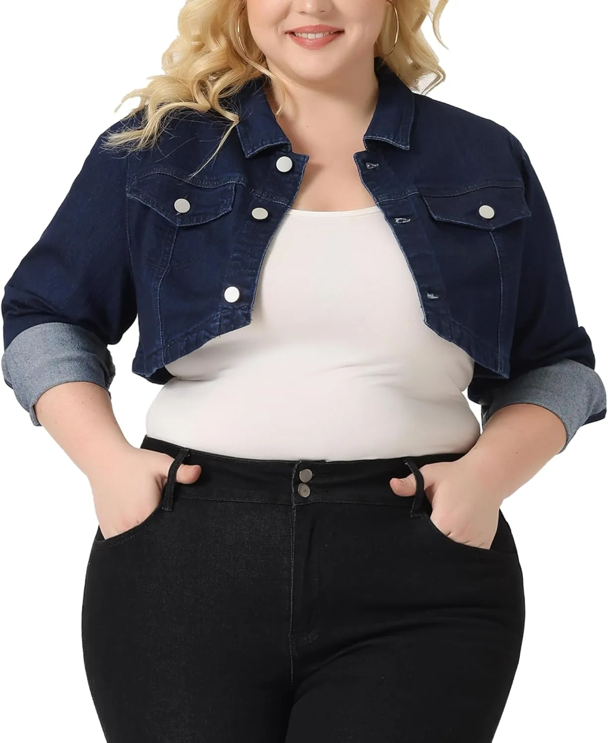 Agnes Orinda Plus Size Denim Jacket for Women Long Sleeve Washed Button Jean Crop Denim Jackets