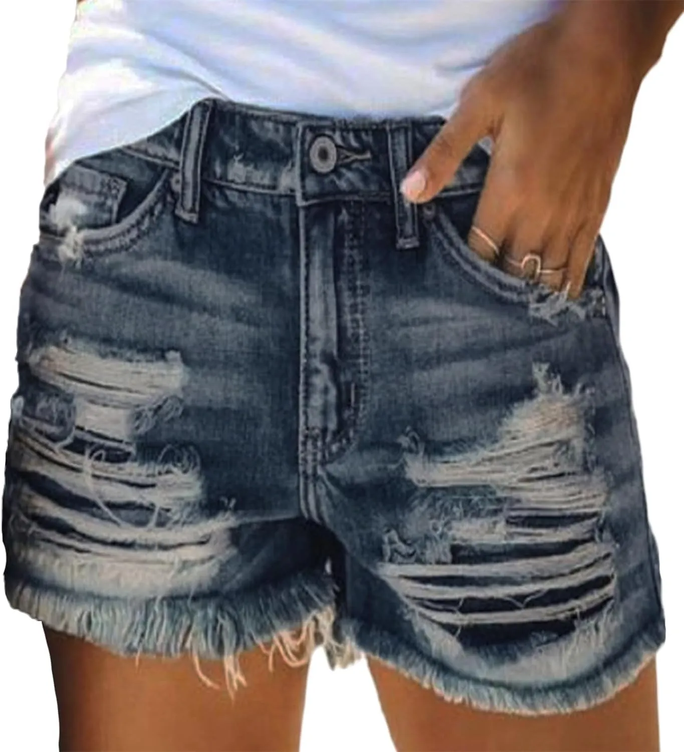 Andongnywell Women Casual Distressed Jean Shorts Summer High Waisted Pockets Ripped Denim Long Shorts Frayed Raw Hem Shorts