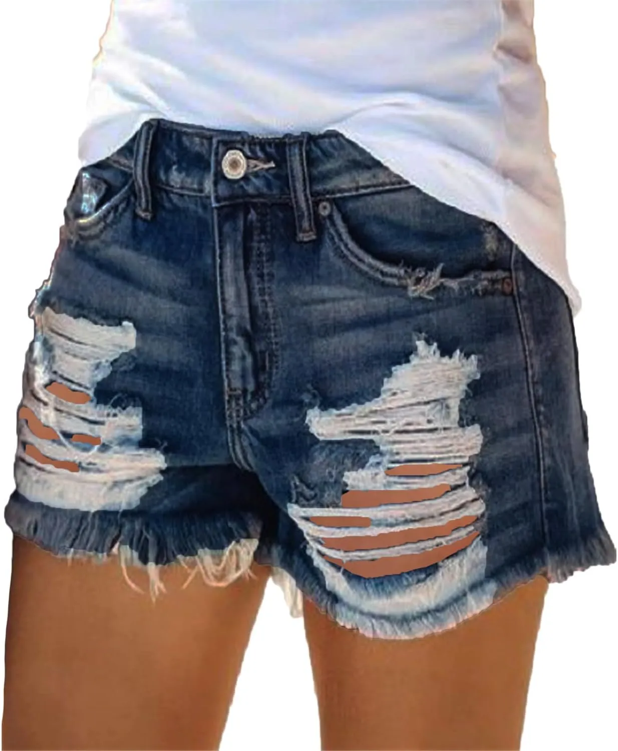 Andongnywell Women Casual Distressed Jean Shorts Summer High Waisted Pockets Ripped Denim Long Shorts Frayed Raw Hem Shorts