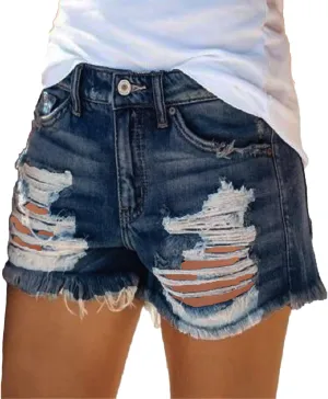 Andongnywell Women Casual Distressed Jean Shorts Summer High Waisted Pockets Ripped Denim Long Shorts Frayed Raw Hem Shorts