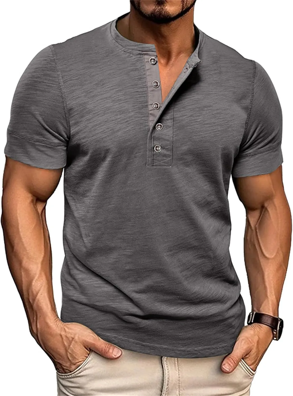 Angbater Mens Short Sleeve Henley Shirts Casual Button T-Shirts Lightweight Basic Cotton Tops