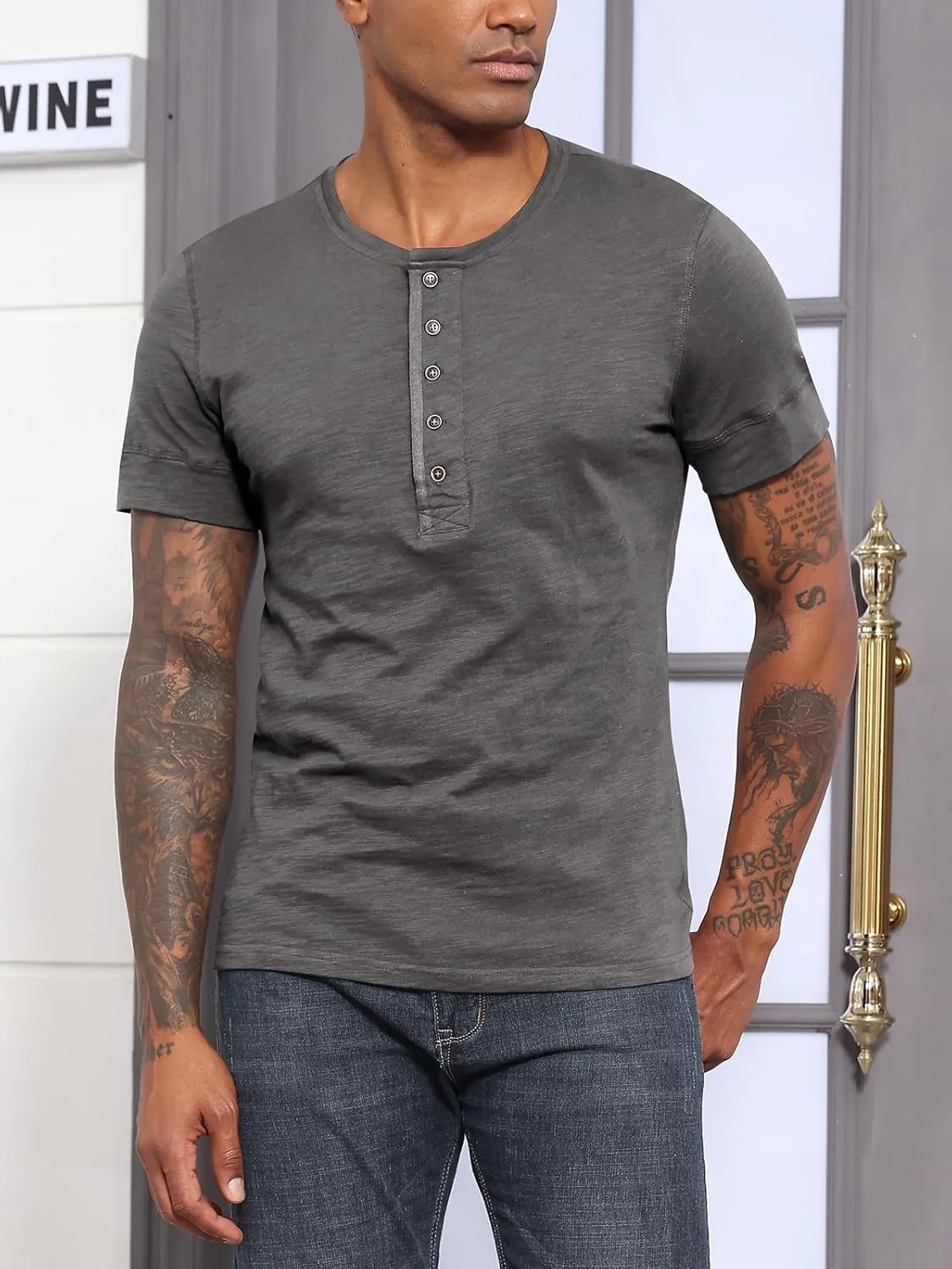 Angbater Mens Short Sleeve Henley Shirts Casual Button T-Shirts Lightweight Basic Cotton Tops