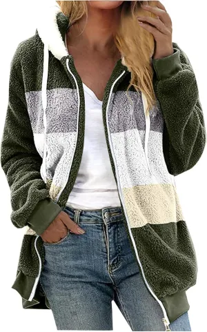 Anjikang Women's Winter Fuzzy Fleece Hooded Jacket Color Block Patchwork Cardigan Coats Fluffy Sherpa Outerwear with Pockets