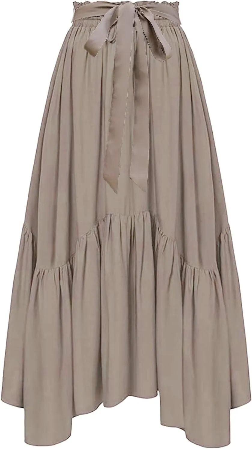 Athletic Skirts Women Trendy 2025 Summer Y2K High Elastic Waist Bow Tie Ruffles Casual Loose Midi Skirts for Vacation