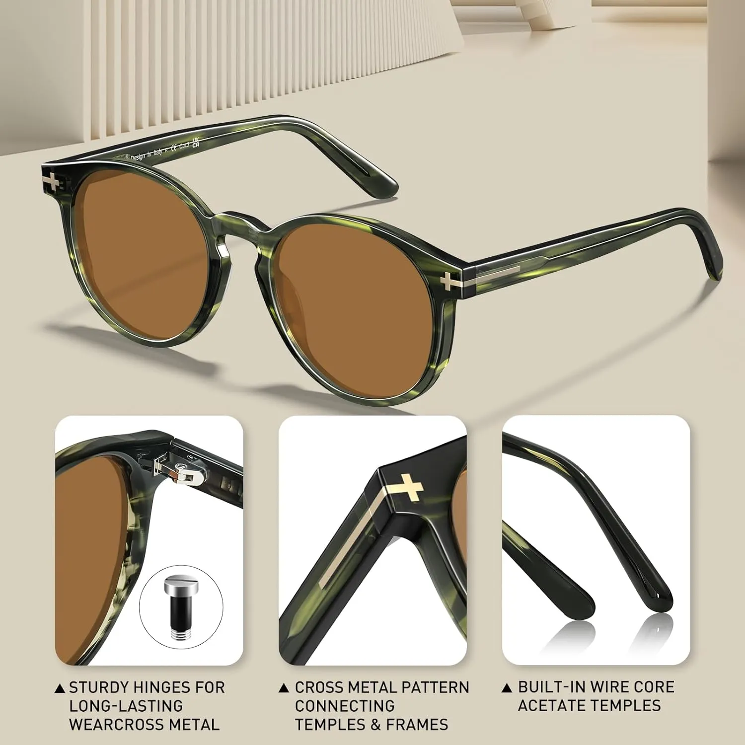 AVAWAY Polarized Sunglasses for Men Round UV Protection, Retro Hand-crafted Frame Gold Filigree Sunnies
