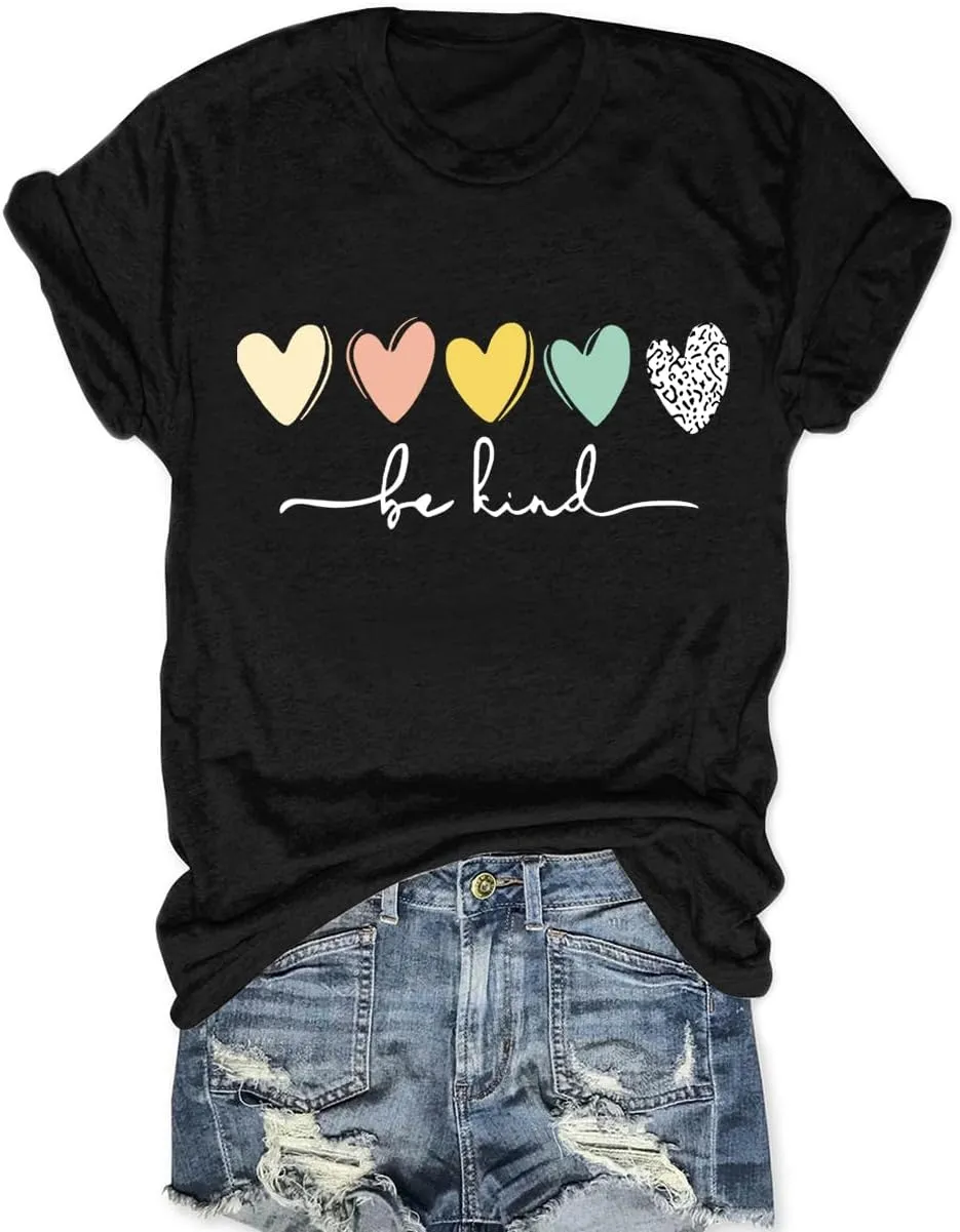 Be Kind T Shirts Women Graphic Blessed Teacher Shirt Short Sleeve Inspirational Heart Print Graphic Tees