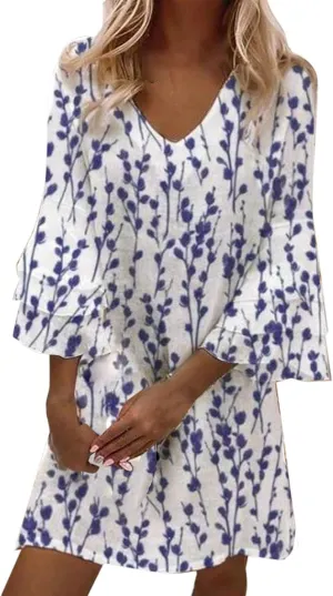 Bell Sleeve Three Layer summer Loose Swing Print Ruffle V Neck Sundresses Mini Dress Cute Shift Dress dresses for women White