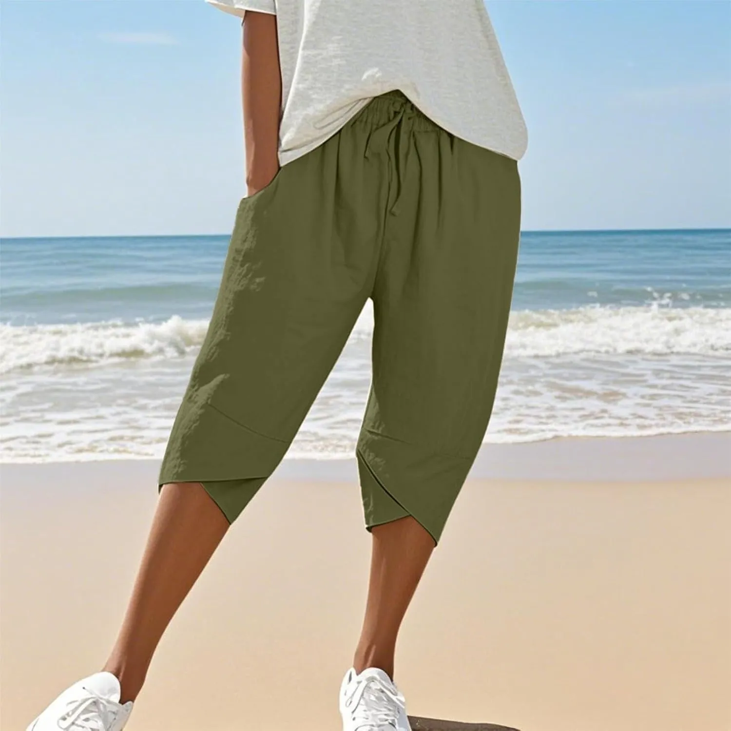 Bermuda Shorts for Women Wide Leg Linen Knee Length Summer Casual Long Shorts Loose High Waisted Capri with Pockets
