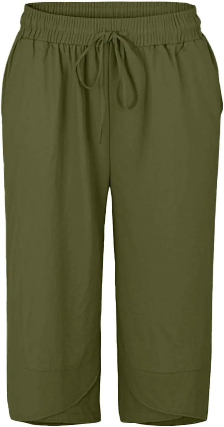 Bermuda Shorts for Women Wide Leg Linen Knee Length Summer Casual Long Shorts Loose High Waisted Capri with Pockets