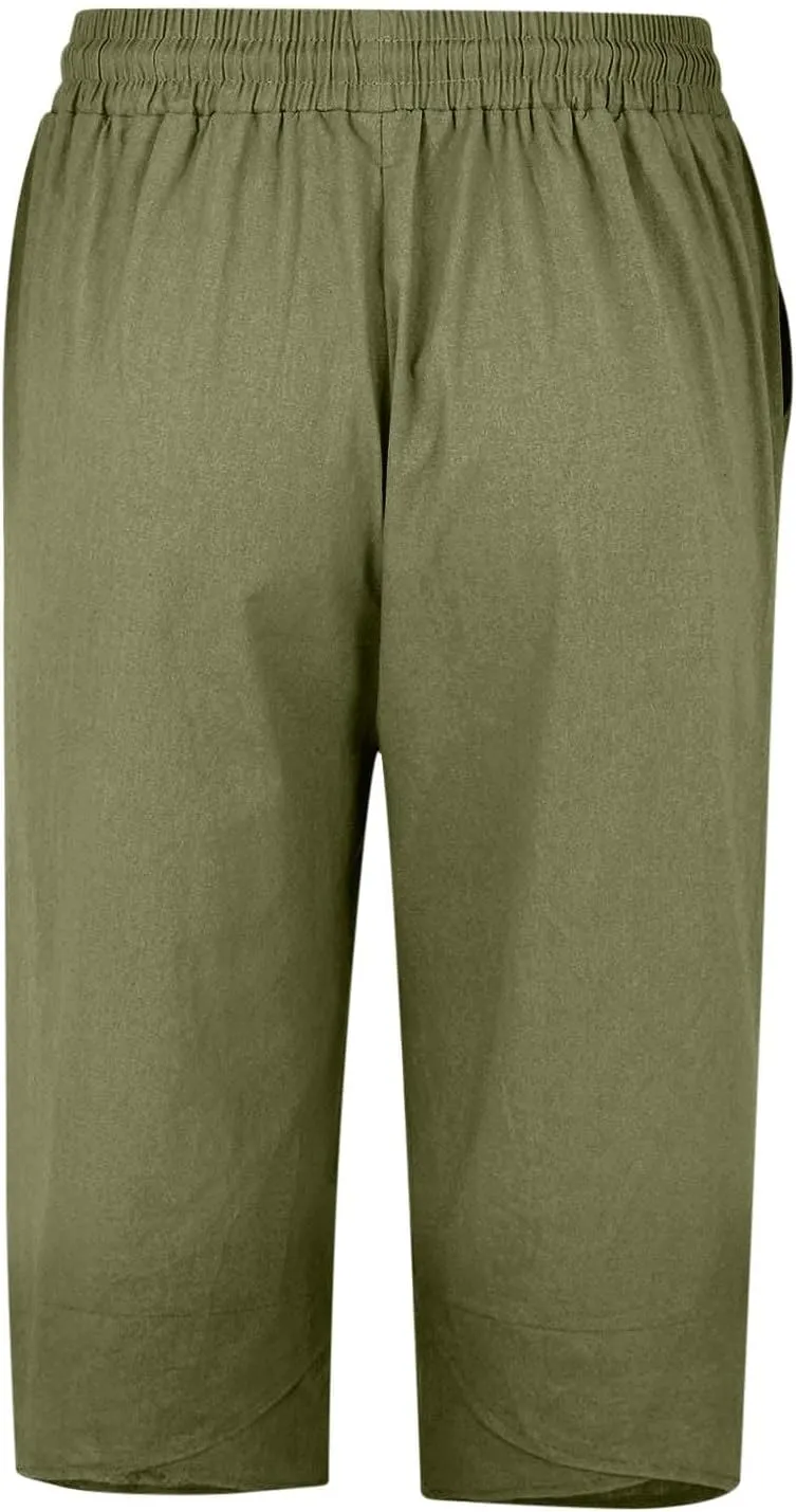 Bermuda Shorts for Women Wide Leg Linen Knee Length Summer Casual Long Shorts Loose High Waisted Capri with Pockets