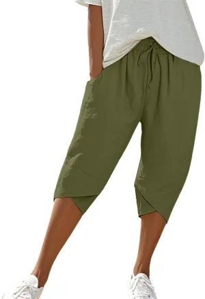 Bermuda Shorts for Women Wide Leg Linen Knee Length Summer Casual Long Shorts Loose High Waisted Capri with Pockets