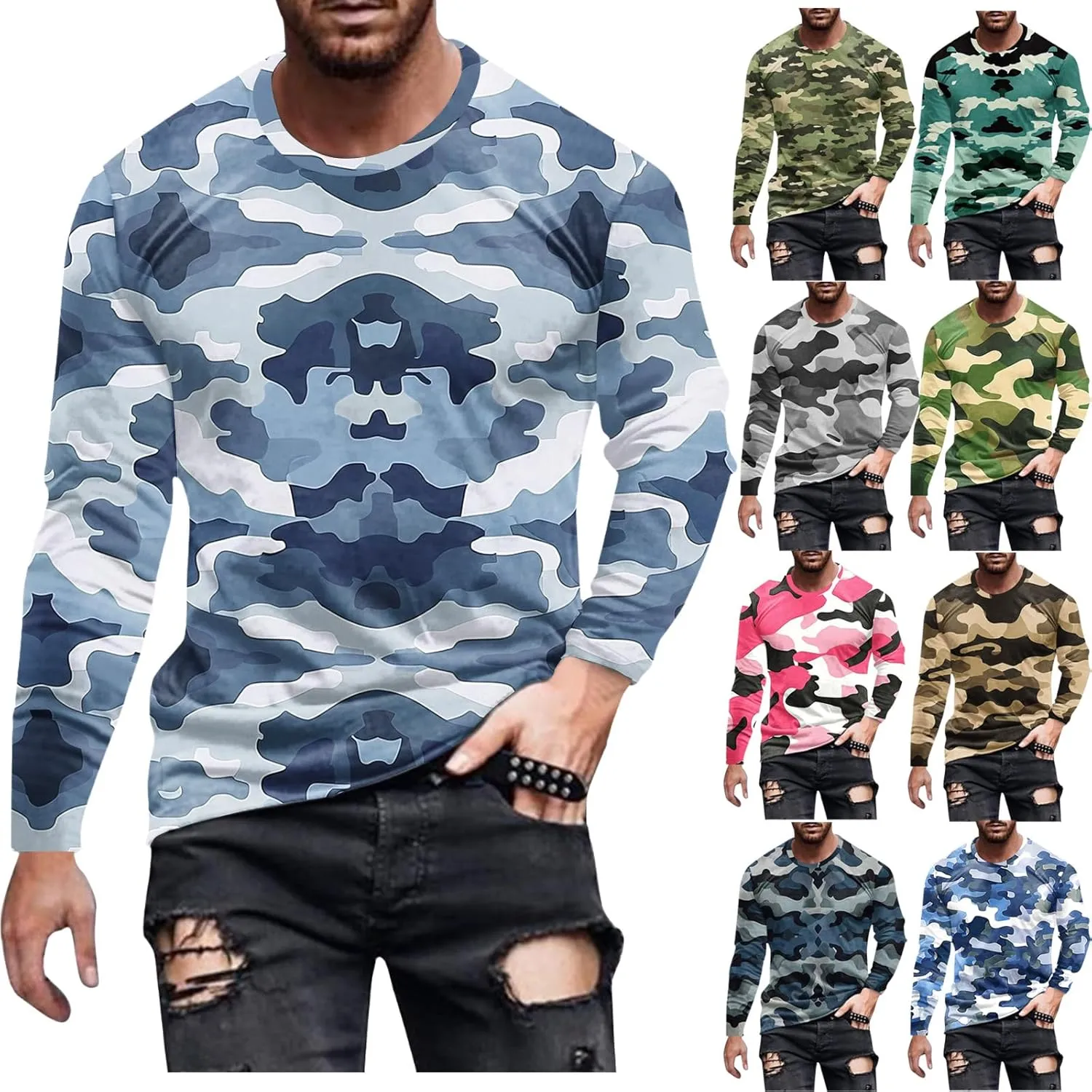 Big and Tall Shirts for Men Long Sleeve Camouflage Print Graphic Pullover Tops Camo Gym Workout Crewneck Sweatshirts