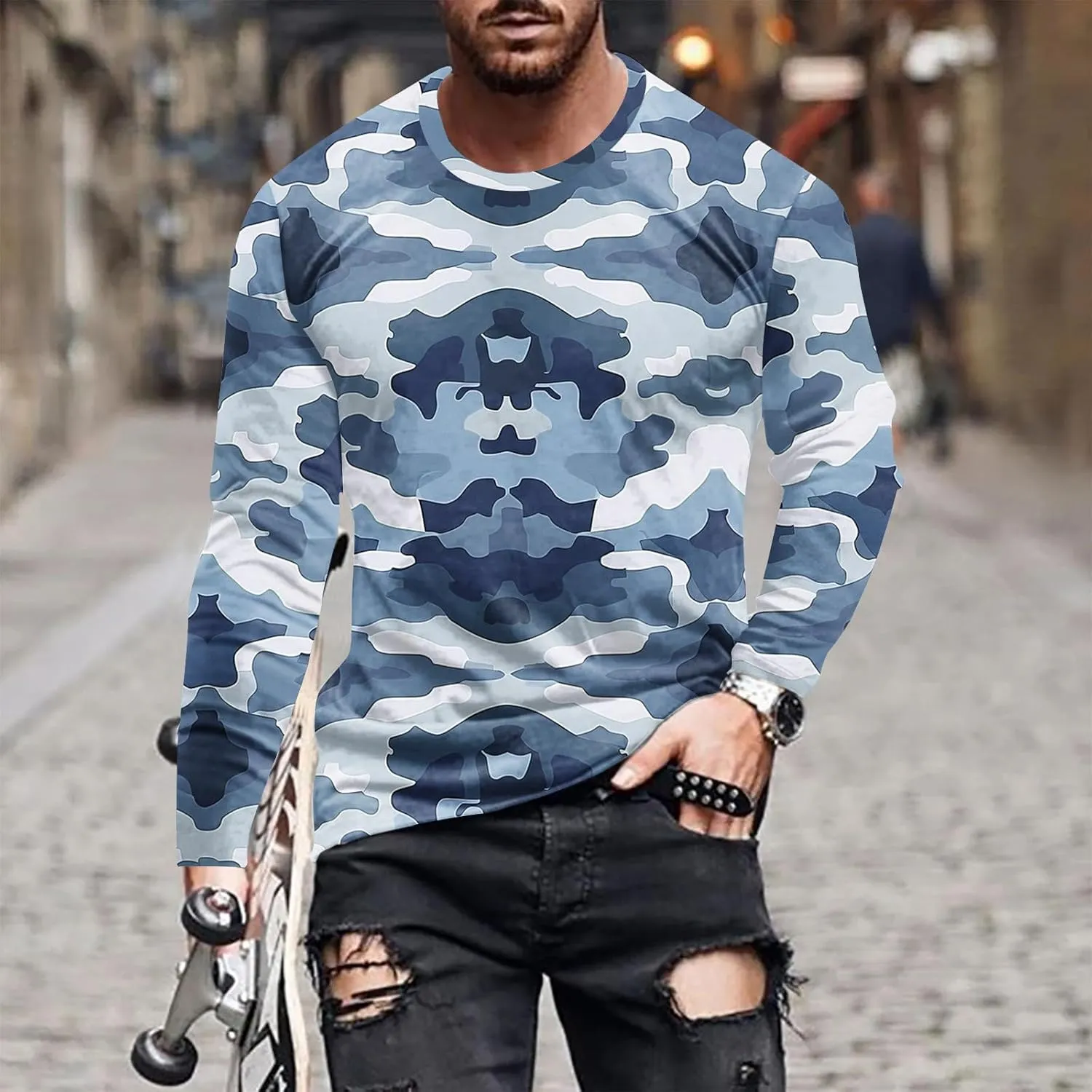 Big and Tall Shirts for Men Long Sleeve Camouflage Print Graphic Pullover Tops Camo Gym Workout Crewneck Sweatshirts