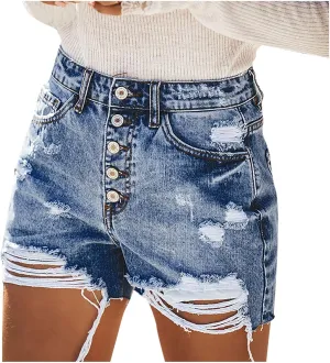 Black Denim Shorts for Women High Rise Ripped Stretchy Boyfriend Jeans Shorts Solid Cute Raw Hem Hot Short Pants