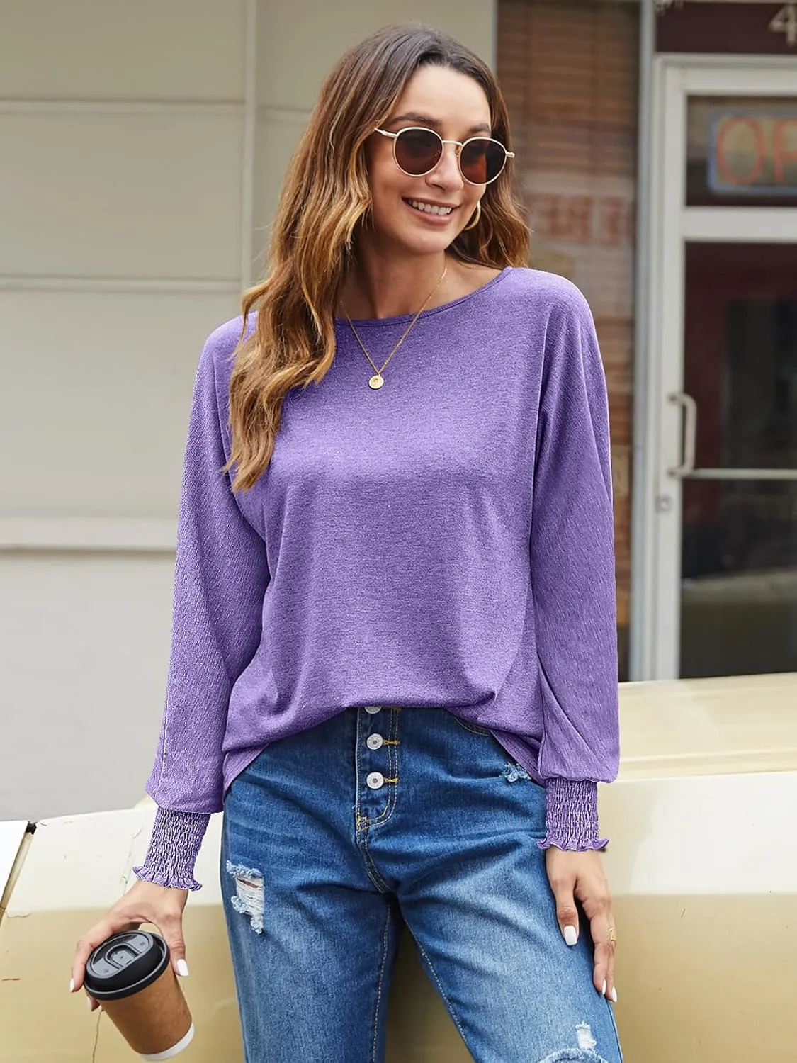Bluetime Womens Long Sleeve Tops Crew Neck Casual T Shirts Loose Basic Tee Blouse