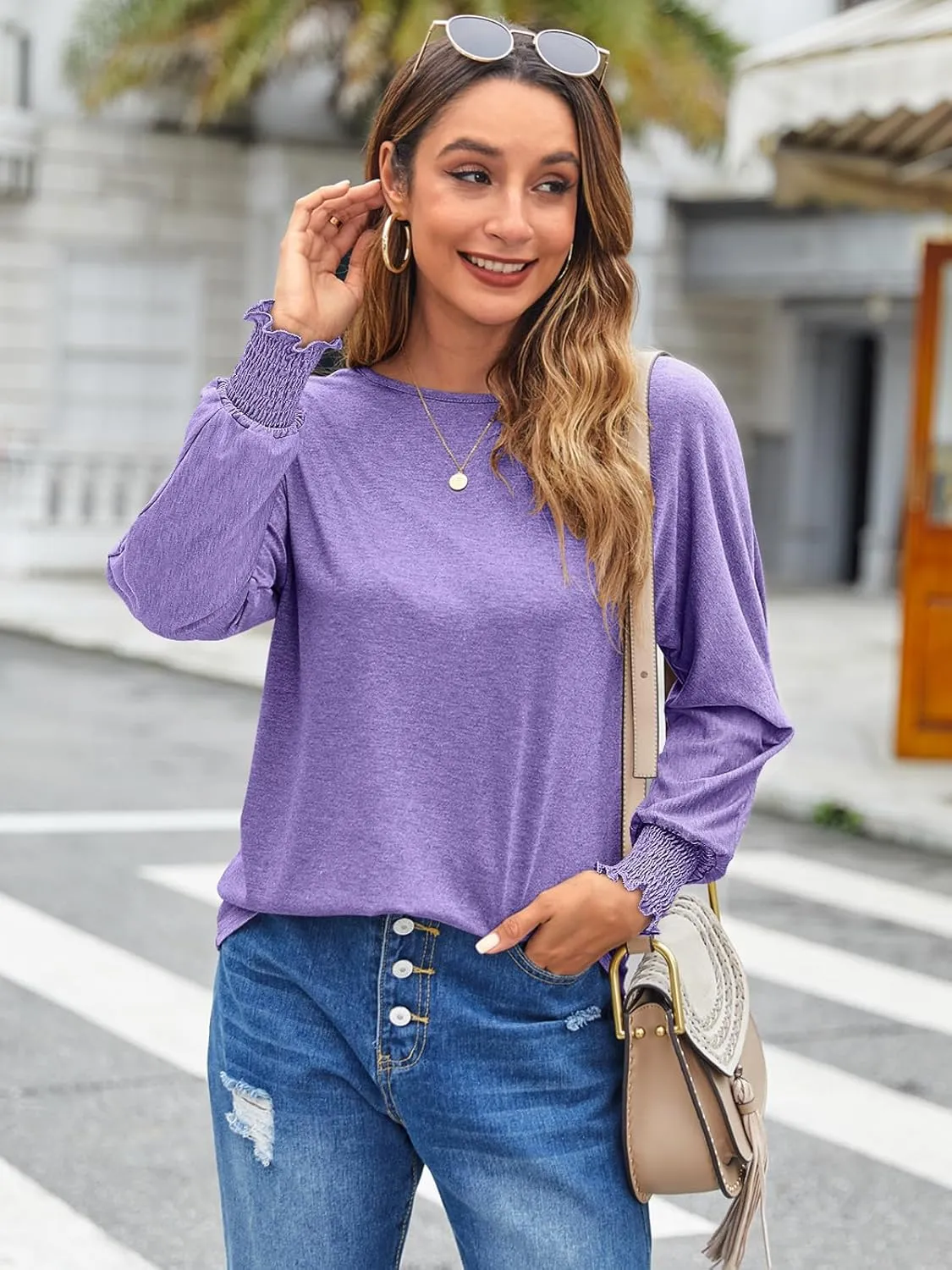 Bluetime Womens Long Sleeve Tops Crew Neck Casual T Shirts Loose Basic Tee Blouse