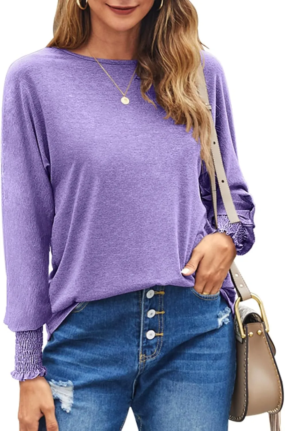 Bluetime Womens Long Sleeve Tops Crew Neck Casual T Shirts Loose Basic Tee Blouse