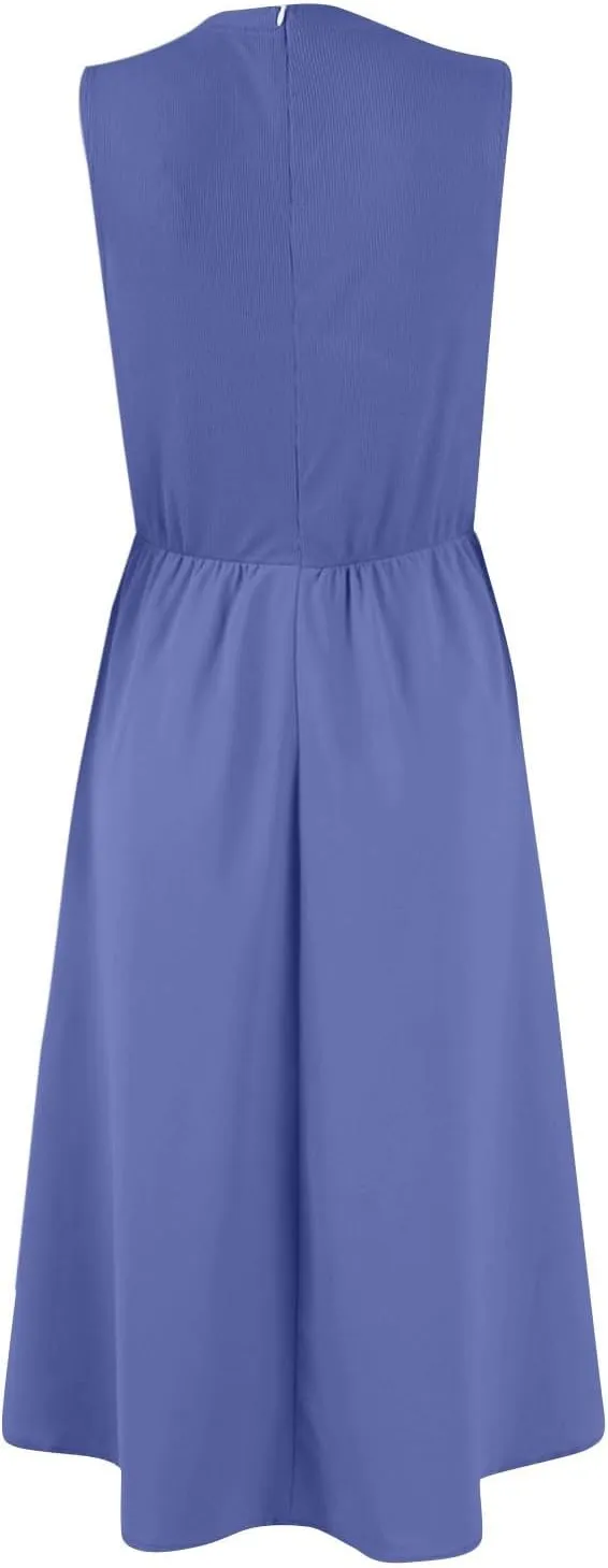 Boho Dress for Women Summer Tank Dress Casual Sundresses High Waist Sleeveless Wrap Dresses Ruffle Dresses with Pocket