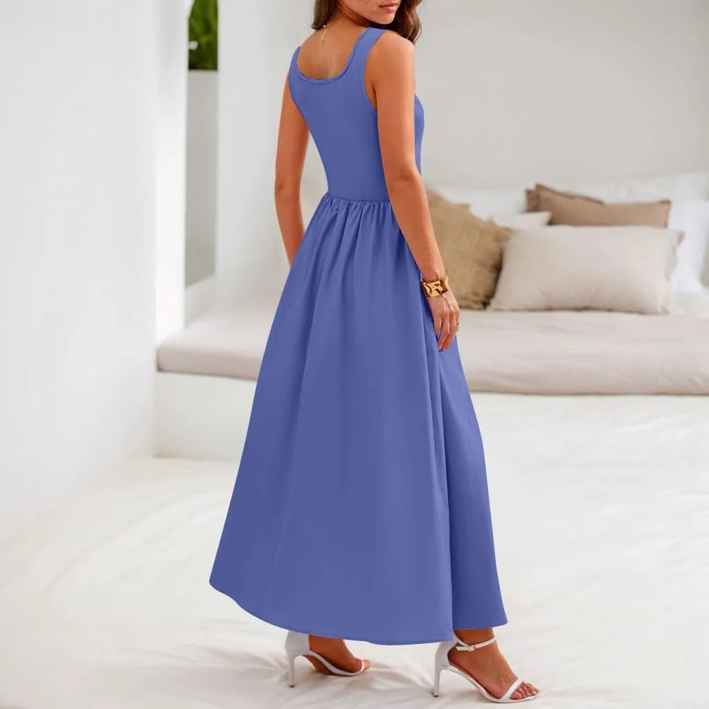 Boho Dress for Women Summer Tank Dress Casual Sundresses High Waist Sleeveless Wrap Dresses Ruffle Dresses with Pocket