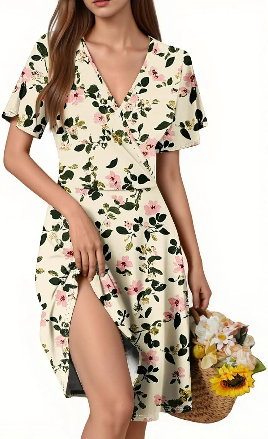 Boho Floral Dress for Women Summer 2025 Wrap Dresses for Women Short Sleeve Sexy V Neck A-Line Vacation Beach Sundress