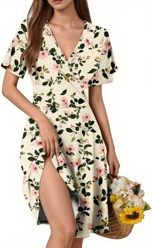 Boho Floral Dress for Women Summer 2025 Wrap Dresses for Women Short Sleeve Sexy V Neck A-Line Vacation Beach Sundress