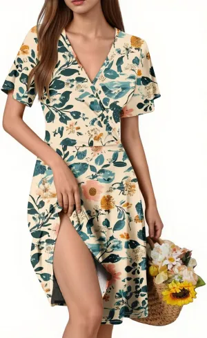 Boho Floral Dress for Women Summer 2025 Wrap Dresses for Women Short Sleeve Sexy V Neck A-Line Vacation Beach Sundress