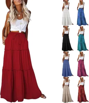 Boho Floral Skirt for Women High Waist A Line Flowy Tiered Skirts Summer Pleated Ruffle Long Maxi Skirt with Pockets