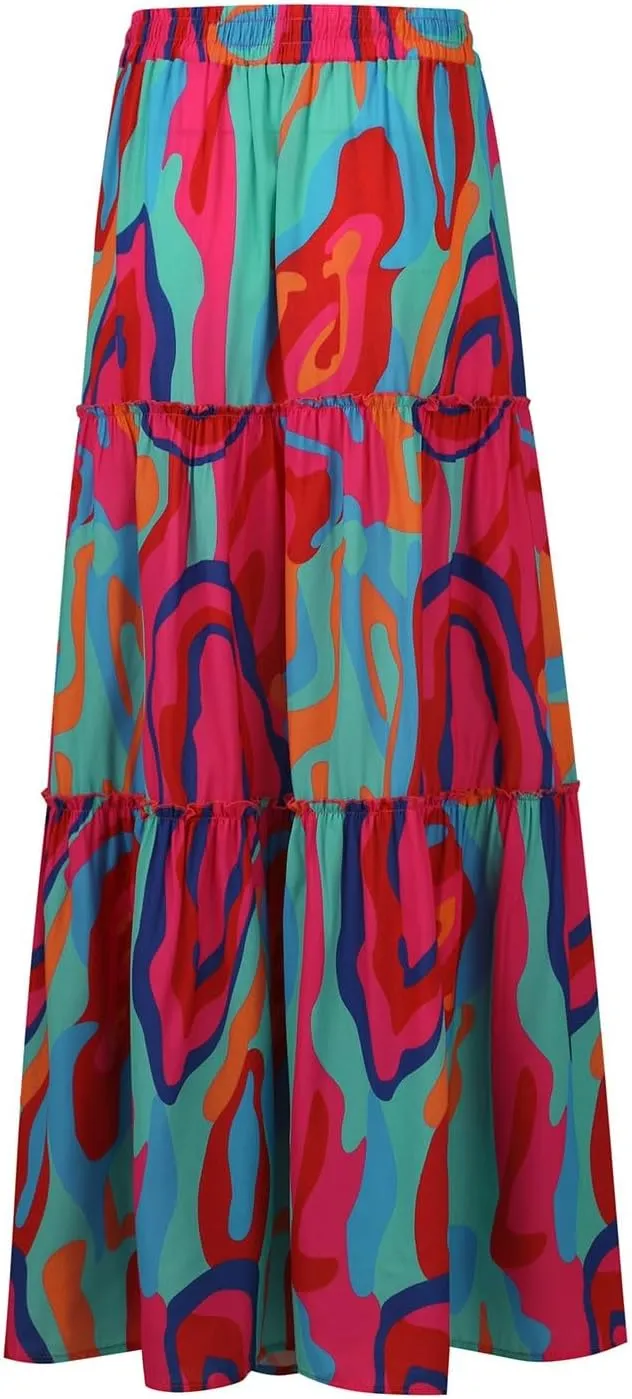 Boho Floral Skirt for Women High Waist A Line Flowy Tiered Skirts Summer Pleated Ruffle Long Maxi Skirt with Pockets