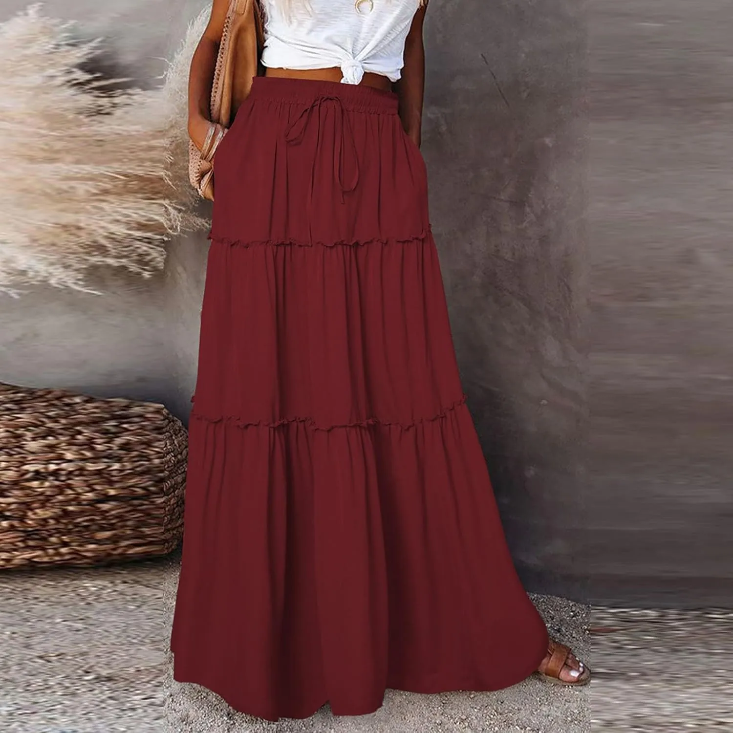 Boho Floral Skirt for Women High Waist A Line Flowy Tiered Skirts Summer Pleated Ruffle Long Maxi Skirt with Pockets
