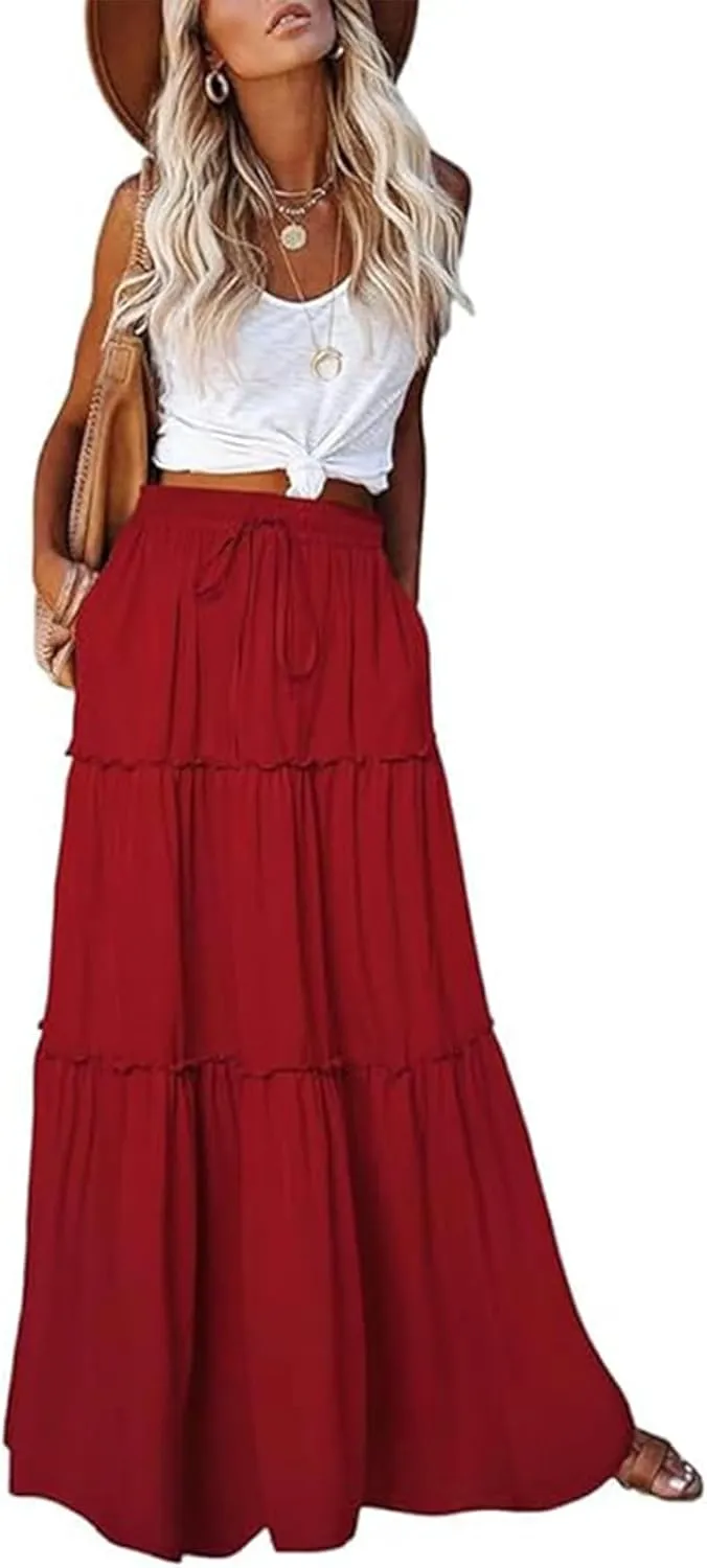 Boho Floral Skirt for Women High Waist A Line Flowy Tiered Skirts Summer Pleated Ruffle Long Maxi Skirt with Pockets