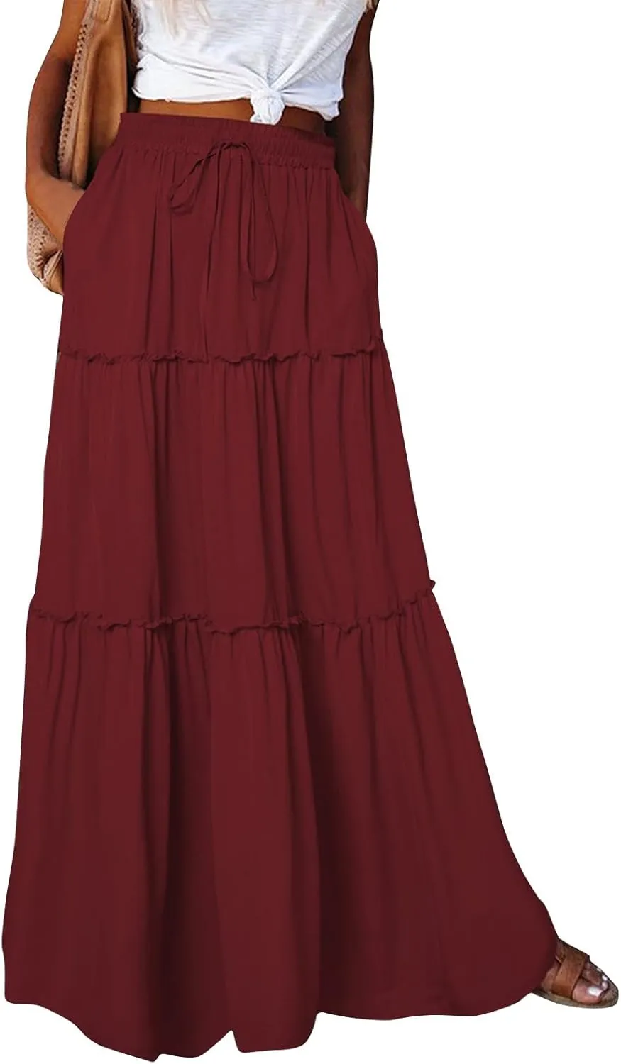 Boho Floral Skirt for Women High Waist A Line Flowy Tiered Skirts Summer Pleated Ruffle Long Maxi Skirt with Pockets